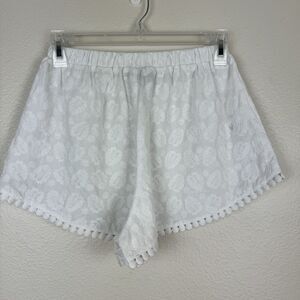 Topshop Boho Pull On Elastic Waist Palm Leaf Embroidered Cotton Shorts White S